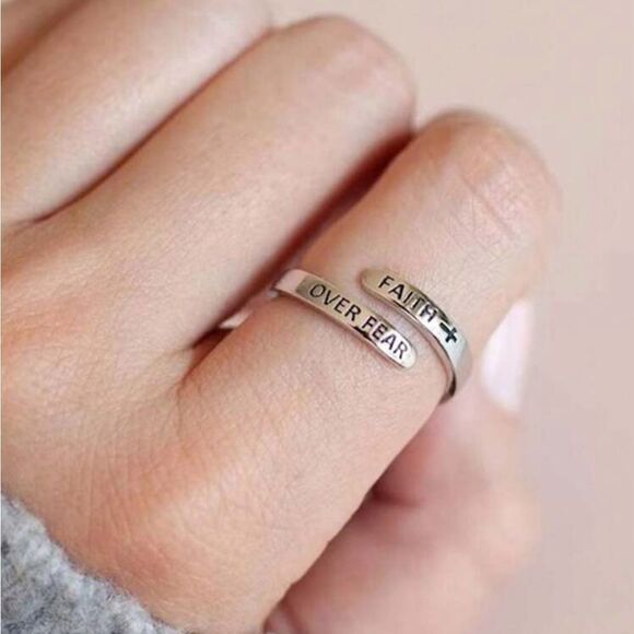 Carved Cross Faith Over Fear Ring, Minimalist Design zinc alloy ring - Picture 3 of 10